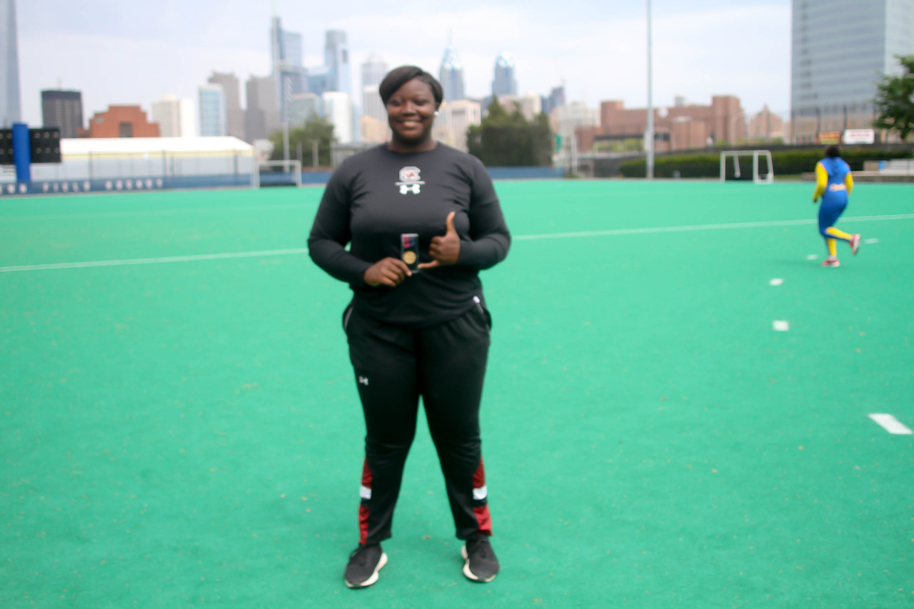 Carisma Holland celebrates her win at the 125th Penn Relays | Photo by Charles Revelle | April 25, 2019