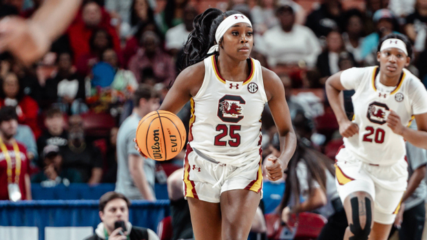 Raven Johnson brings the ball up the court against Oklahoma in the SEC Tournament semifinals, 3/8/25