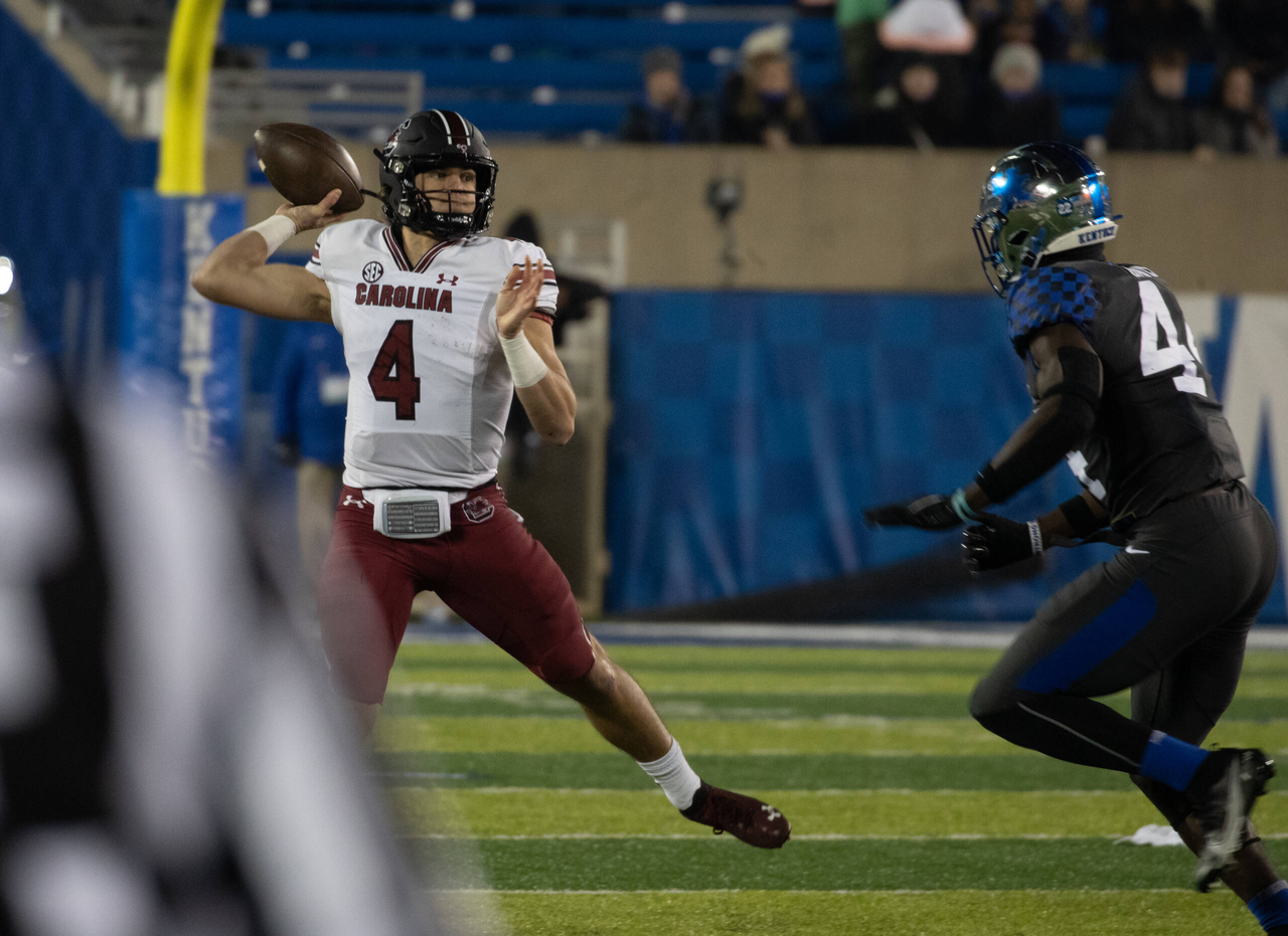South Carolina Gamecocks quarterback Luke Doty (4) threw downfield  as Kentucky played South Carolina  on December 5, 2020.  Photo by Mark Cornelison 