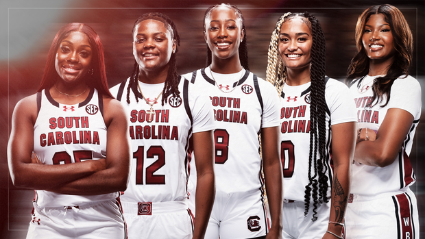 Studio photos in white uniforms for SEC award selections Raven Johnson, MiLaysia Fulwiely, Joyce Edwards, Te-Hina Paopao and Sania Feagin