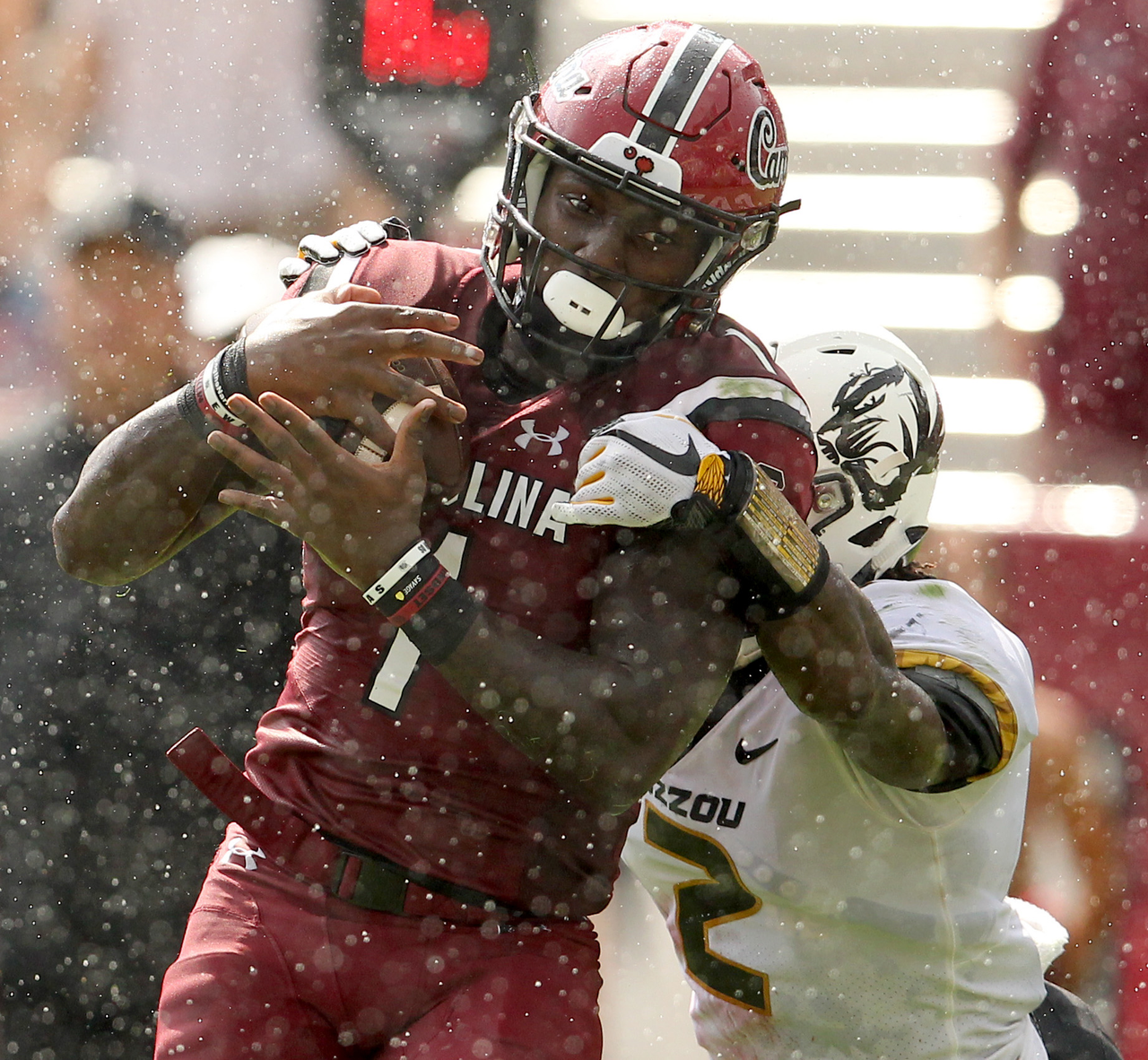 South Carolina's Deebo Samuel hangs on to a touchdown pass in front of Missouri's DeMarkus Acy during third-quarter action in Columbia, S.C. on Saturday, Oct. 6, 2018. (Travis Bell/SIDELINE CAROLINA)