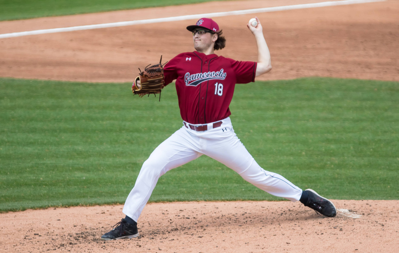 South Carolina Gamecocks pitcher Julian Bosnic (18) pitches against the Florida Gators.