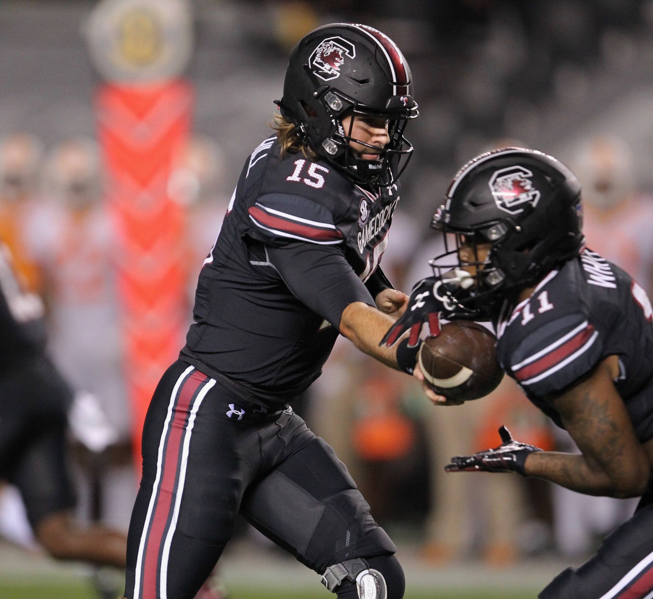 Collin Hill (15) hands off to ZaQuandre White (11)  | Saturday, Sept. 26, 2020 | Williams-Brice Stadium | Columbia, S.C. | Photos by Travis Bell