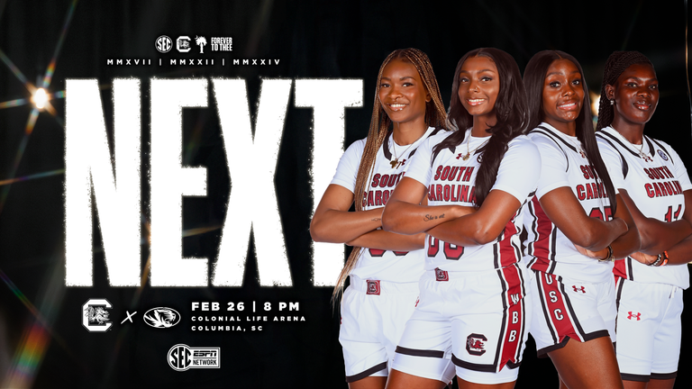 Graphic announcing next game against Missouri on 2/26/26 at 8 p.m. on SEC Network, photos of seniors Maryam Dauda, Ta'Niya Latson, Raven Johnson and Madina Okot