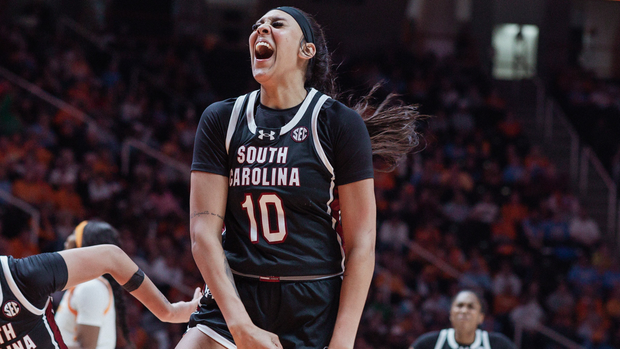 Kamilla Cardoso celebrates a big play at Tennessee, 2/15/24