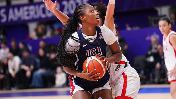 Joyce Edwards holds her position in the post against China in the 2025 FIBA AmeriCup.