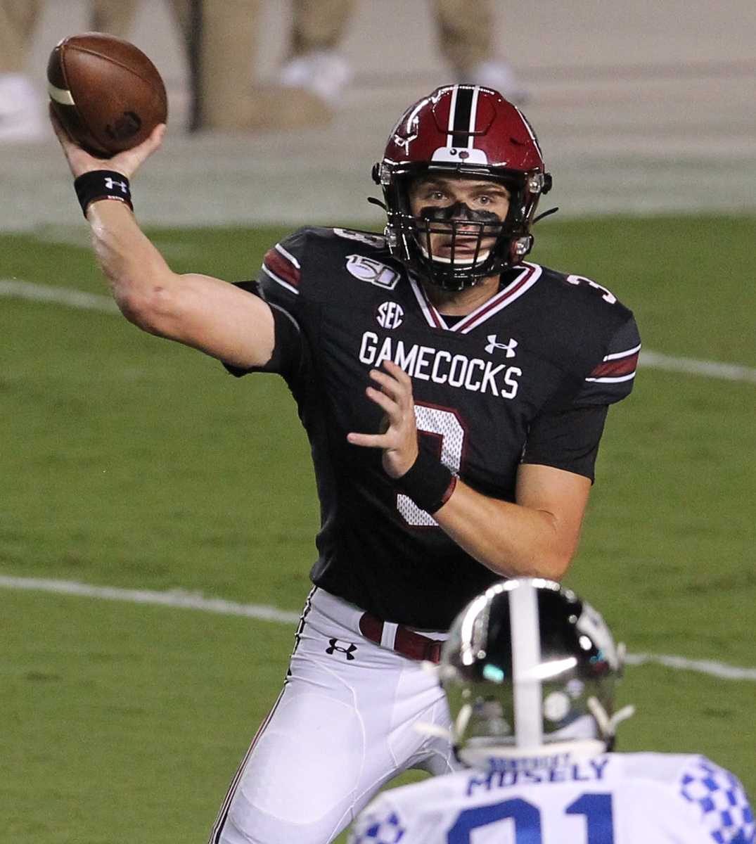 South Carolina quarterback Ryan Hilinski (3) unloads a pass against Kentucky during first-quarter action in Columbia, S.C. on Saturday, Sept. 28, 2019. (Travis Bell/SIDELINE CAROLINA)