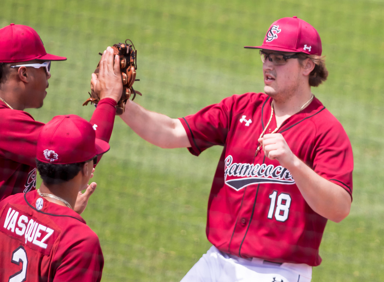 South Carolina Gamecocks pitcher Julian Bosnic (18) is congratulated by a teammate against the Florida Gators.