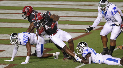 South Carolina running back Tavien Feaster (4) gets into the endzone for a touchdown against Kentucky during first-quarter action in Columbia, S.C. on Saturday, Sept. 28, 2019. (Travis Bell/SIDELINE CAROLINA)