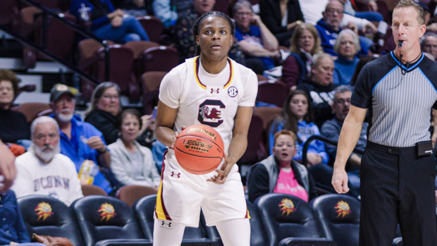 MiLaysia Fulwiley prepares to shoot a 3 against Utah, 12/10/23