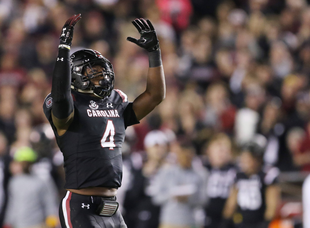 South Carolina's Bryson Allen-Williams gets the student section pumped up against Tennessee during first-quarter action in Columbia, S.C. on Saturday, Oct. 27, 2018. (Travis Bell/SIDELINE CAROLINA)