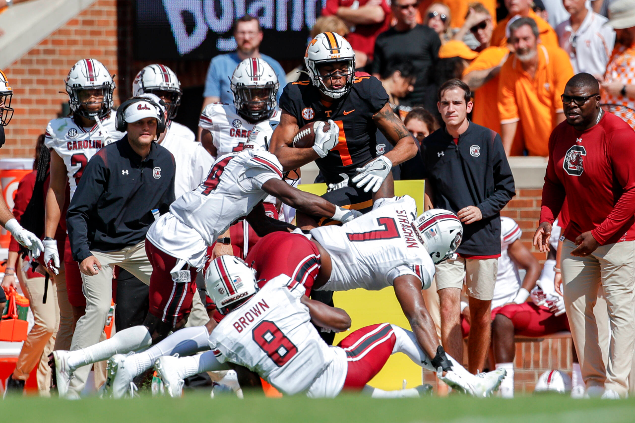 The South Carolina Gamecocks faced the Tennessee Volunteers in a Southeastern Conference East Division contest on Shields-Watkins Field at Neyland Stadium on Saturday, Oct. 9, 2021, in Knoxville, Tennessee. (Photo by Danny Parker)