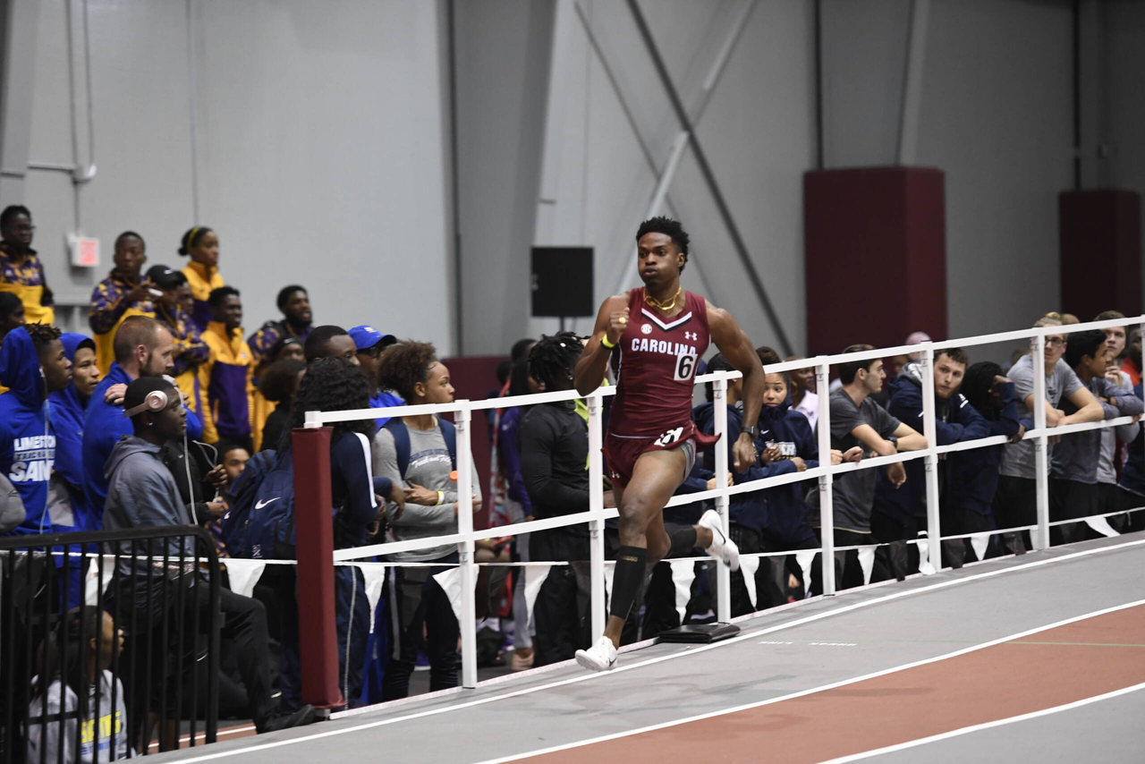 Arinze Chance sets a new school record in the indoor 400m, 46.15, at the Gamecock Inaugural | Jan. 18, 2019 | Photo by Allen Sharpe