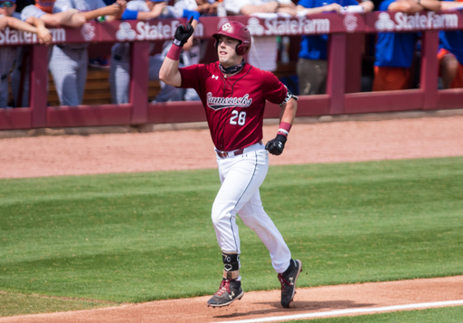 South Carolina Gamecocks catcher Wes Clarke (28) celebrates a solo home run in the second inning against the Florida Gators.