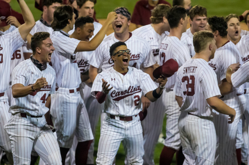 South Carolina Gamecocks shortstop Jalen Vasquez (2) and teammates celebrate their walk-off win against the Florida Gators in the 14th inning.