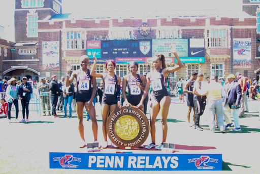 The Gamecocks celebrate their 4x400m relay Championship of America at the 125th Penn Relays | Photo by Charles Revelle | April 27, 2019
