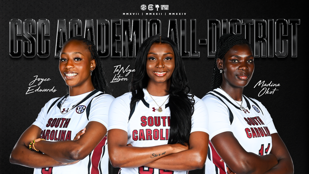 Graphic announcing Joyce Edwards, Ta'Niya Latson and Madina Okot as CSC Academic All-District selections.