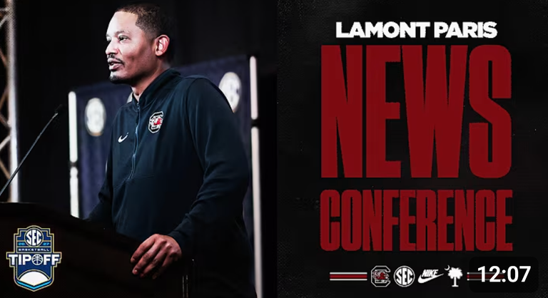 Graphic of Lamont Paris at the podium at SEC Basketball Media Day.