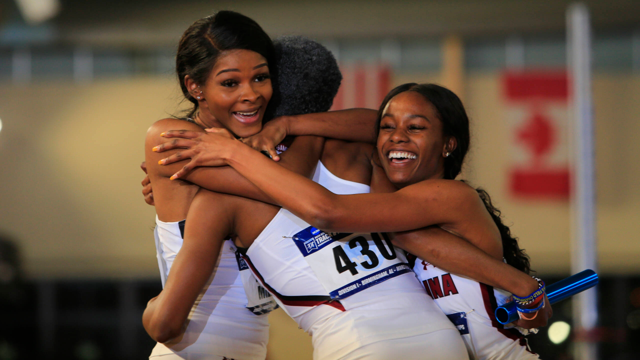 The Gamecocks celebrate a national title in the women's 4x400m relay at the 2019 NCAA Indoor Championships | March 9, 2019 | Photo by Walt Middleton