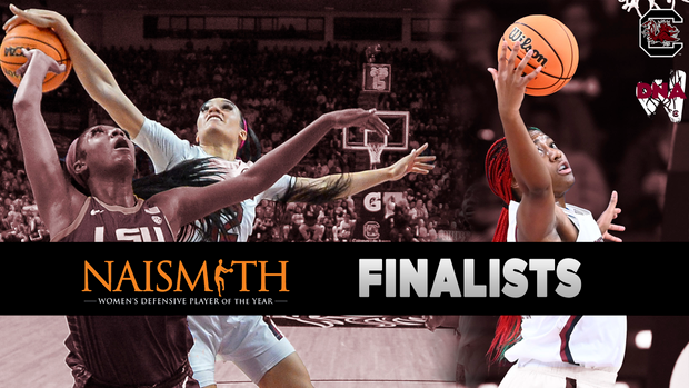 2023 Naismith Defensive Player of the Year Finalist graphic, Brea Beal and Aliyah Boston