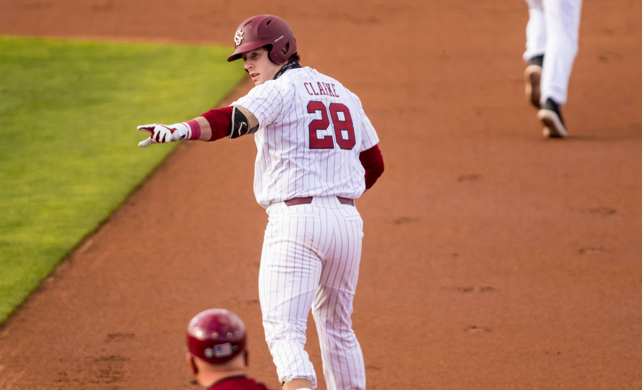 South Carolina Gamecocks Wes Clarke (28) celebrates his 3-run-homer during the first inning.

South Carolina vs. Dayton Baseball, Feb. 19, 2021, Founders Park, Columbia, SC.

Photo by Jeff Blake