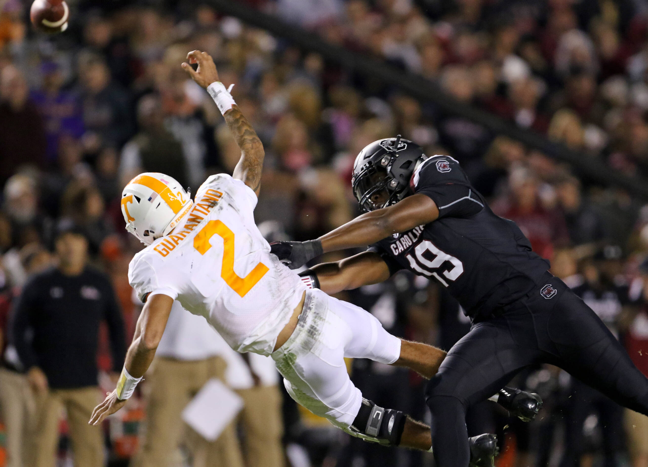 South Carolina's Brad Johnson knocks down Tennessee's Jarrett Guarantano during second-quarter action in Columbia, S.C. on Saturday, Oct. 27, 2018. (Travis Bell/SIDELINE CAROLINA)