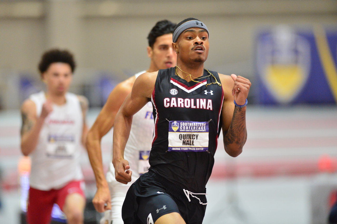 Quincy Hall in action at the SEC Championships | Feb. 22-23 | Photo by Gunnar Rathbun