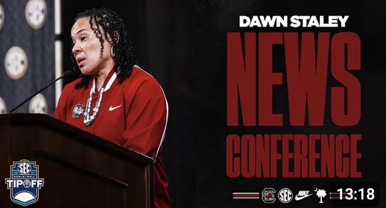 Graphic of Dawn Staley at the podium at SEC Basketball Media Day.