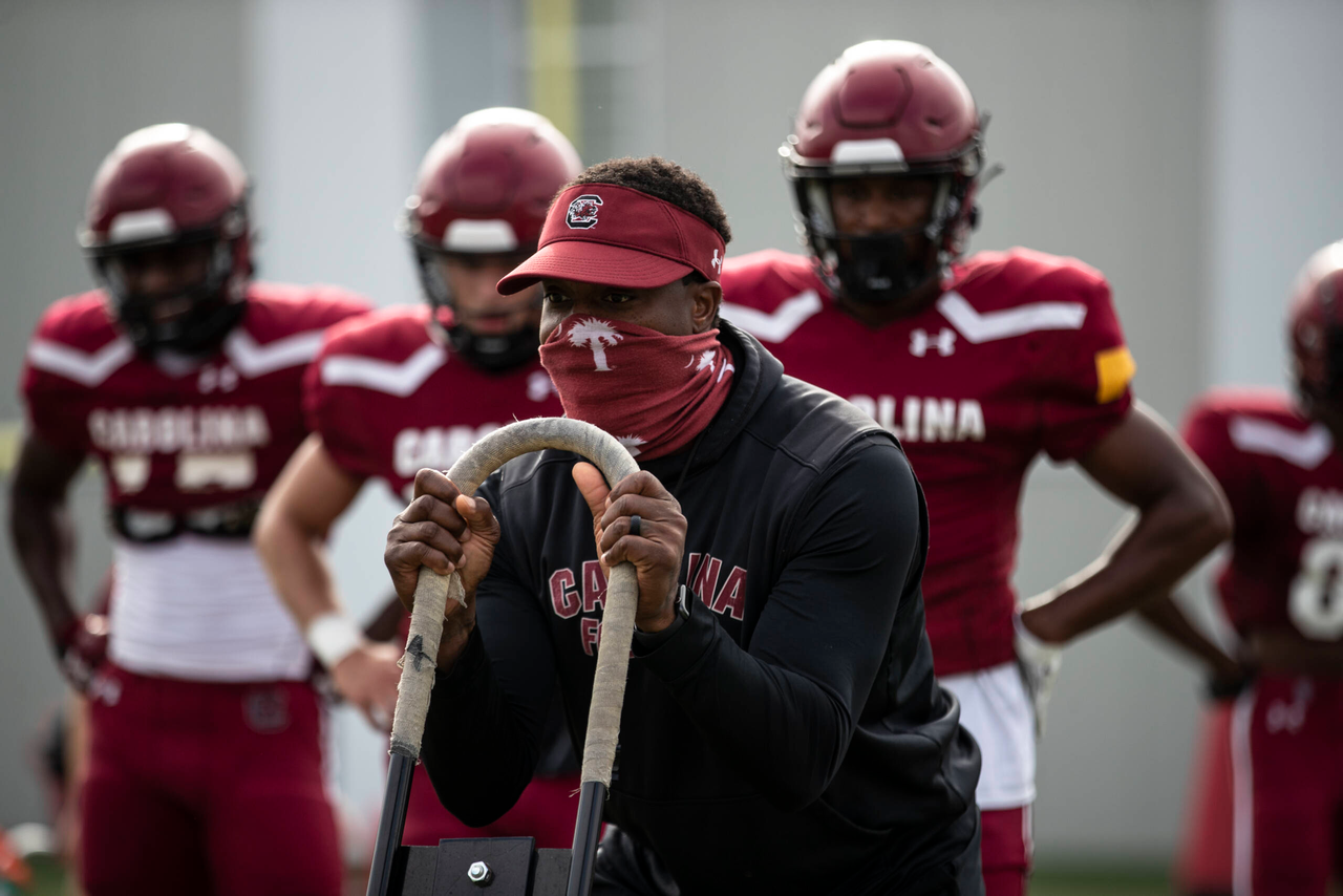 Outside linebackers coach Mike Peterson | Tuesday, Sept. 1, 2020 | Ken & Cyndi Long Football Operations Center | Columbia, S.C. | Photos by South Carolina Athletics