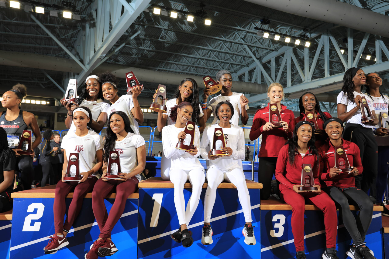 The Gamecocks celebrate a national title in the women's 4x400m relay at the 2019 NCAA Indoor Championships | March 9, 2019 | Photo by Walt Middleton