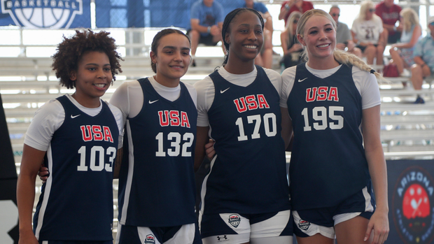 Maddy McDaniel, Tessa Johnson, Joyce Edwards and Chloe Kitts pose before a game at the 2025 USA Basketball 3X Nationals.