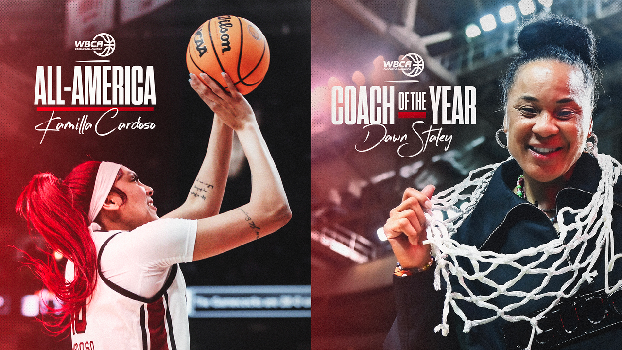 WBCA All-American Kamilla Cardoso, WBCA Coach of the Year Dawn Staley graphic, 2023-24