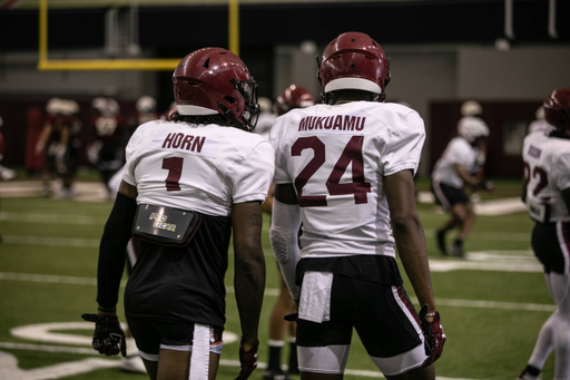 Jaycee Horn (1) and Israel Mukuamu (24) | Friday Aug. 21, 2020 | The Jerri and Steve Spurrier Indoor Practice Facility | Columbia, S.C. | Photos by South Carolina Athletics
