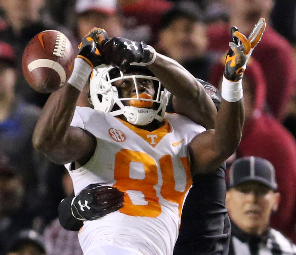 South Carolina's Jaycee Horn breaks up a pass intended for Tennessee's Josh Palmer during third-quarter action in Columbia, S.C. on Saturday, Oct. 27, 2018. (Travis Bell/SIDELINE CAROLINA)