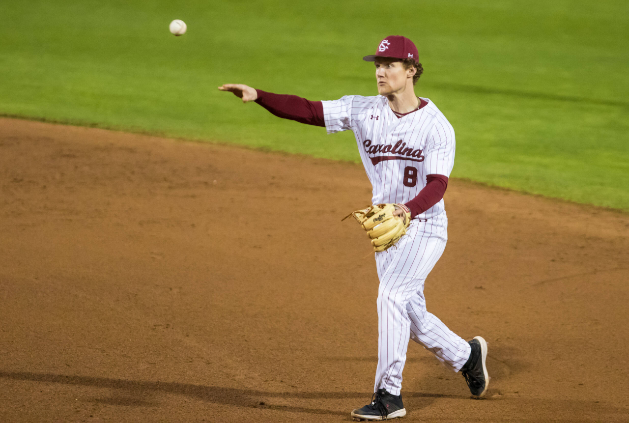 South Carolina Gamecocks infielder Jeff Heinrich (8) throws out a baserunner.

South Carolina vs. Dayton Baseball, Feb. 19, 2021, Founders Park, Columbia, SC.

Photo by Jeff Blake