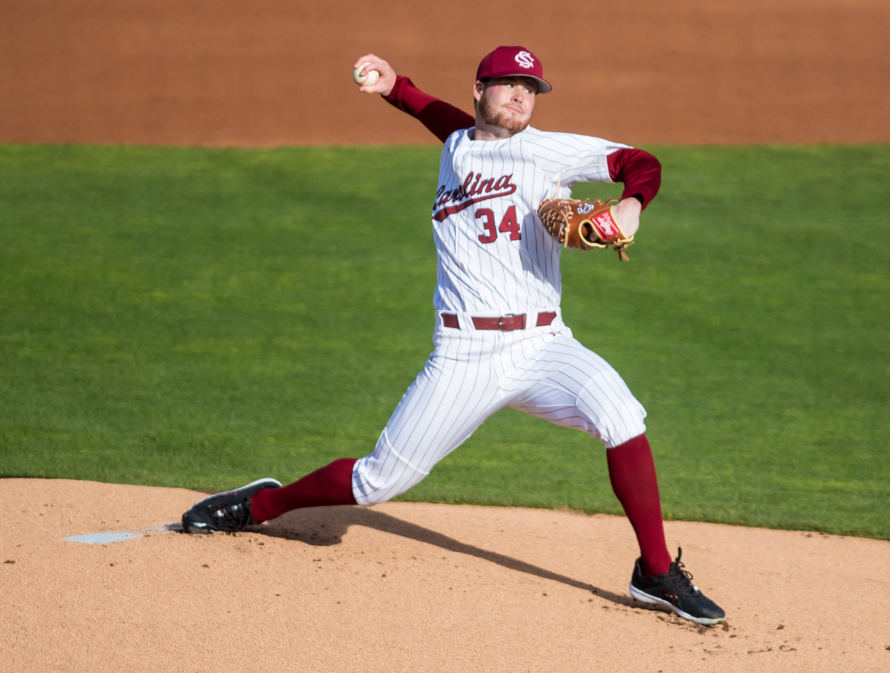 South Carolina Gamecocks Thomas Farr (34) pitches during the first inning.

South Carolina vs. Dayton Baseball, Feb. 19, 2021, Founders Park, Columbia, SC.

Photo by Jeff Blake