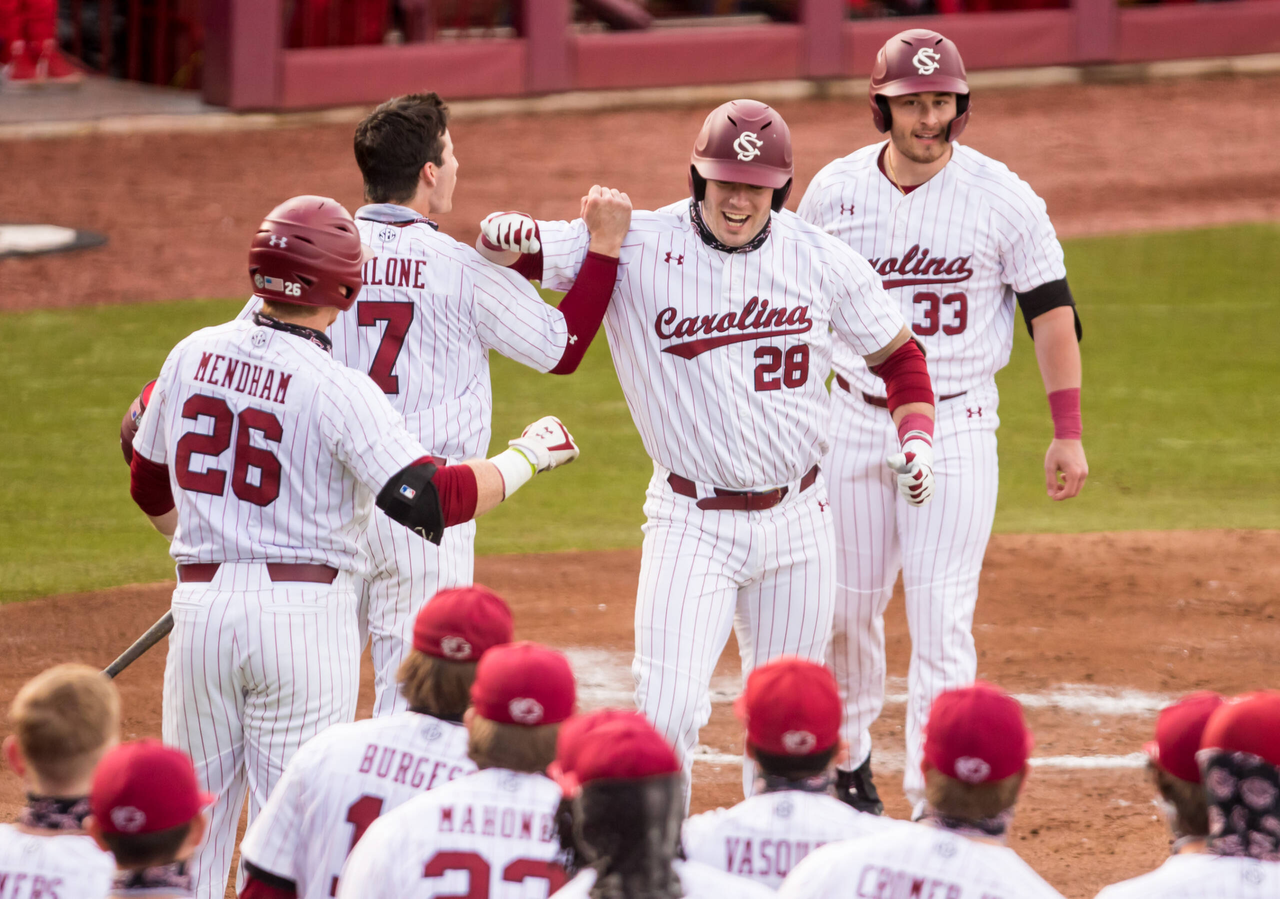 South Carolina Gamecocks Wes Clarke (28) celebrates his 3-run-homer during the first inning.

South Carolina vs. Dayton Baseball, Feb. 19, 2021, Founders Park, Columbia, SC.

Photo by Jeff Blake