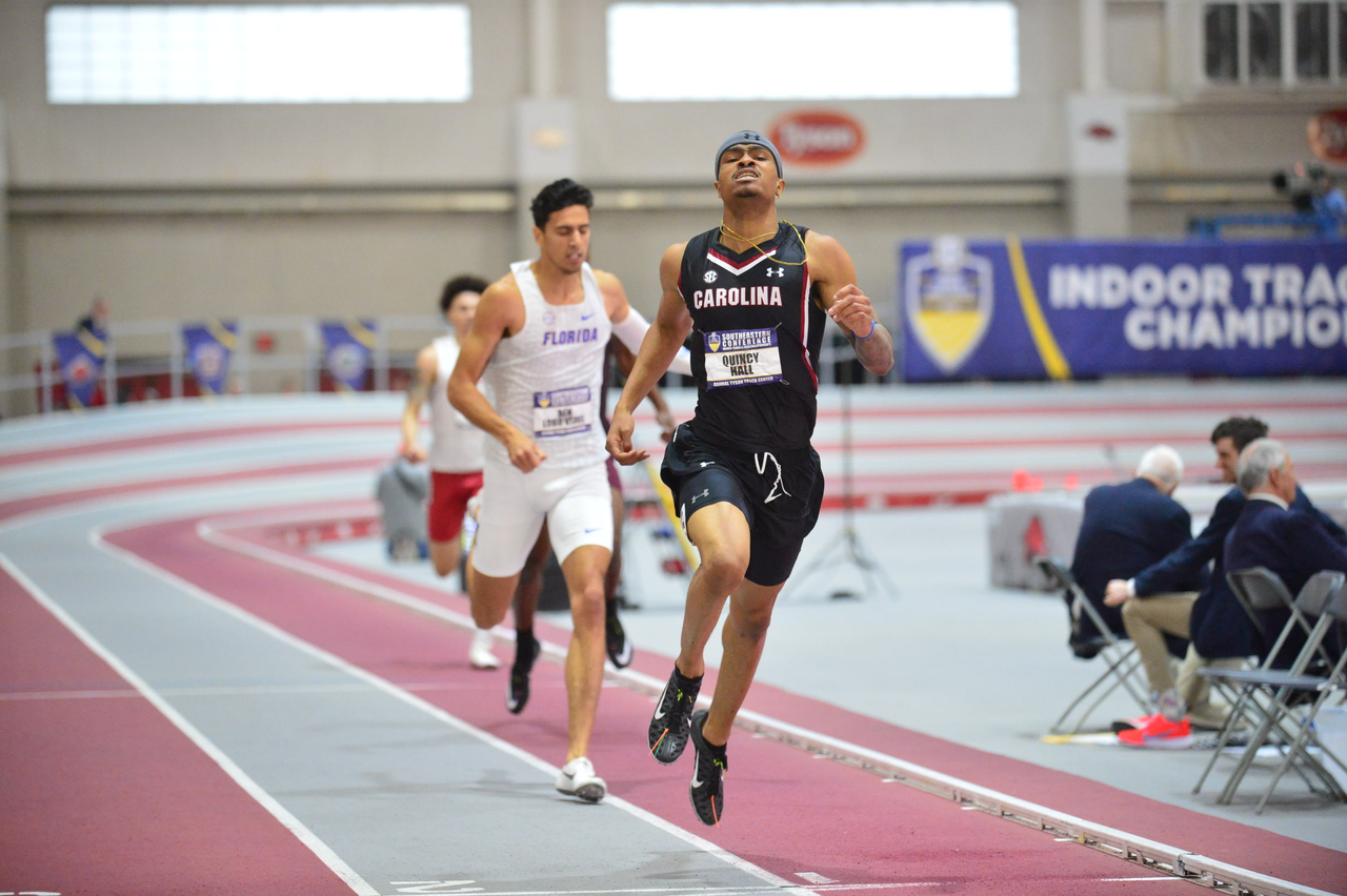 Quincy Hall in action at the SEC Championships | Feb. 22-23 | Photo by Gunnar Rathbun