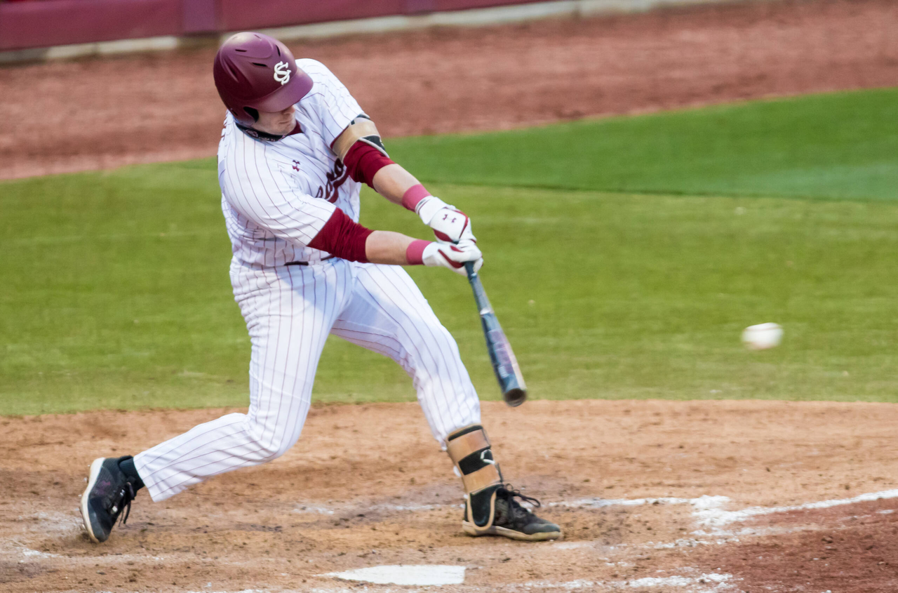 South Carolina Gamecocks Wes Clarke (28) hits a double.

South Carolina vs. Dayton Baseball, Feb. 19, 2021, Founders Park, Columbia, SC.

Photo by Jeff Blake