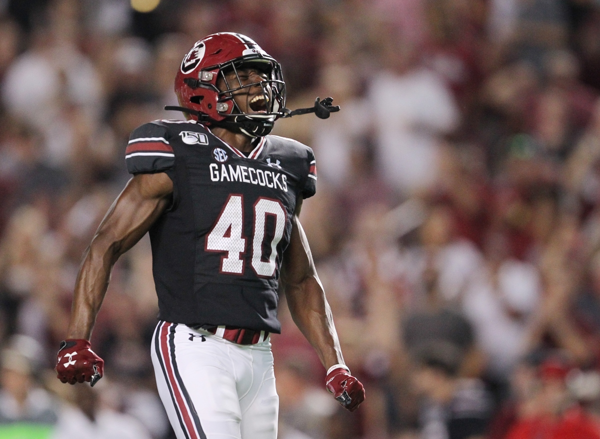 South Carolina linebacker Jahmar Brown (40) celebrates after making a big hit against Kentucky during third-quarter action in Columbia, S.C. on Saturday, Sept. 28, 2019. (Travis Bell/SIDELINE CAROLINA)