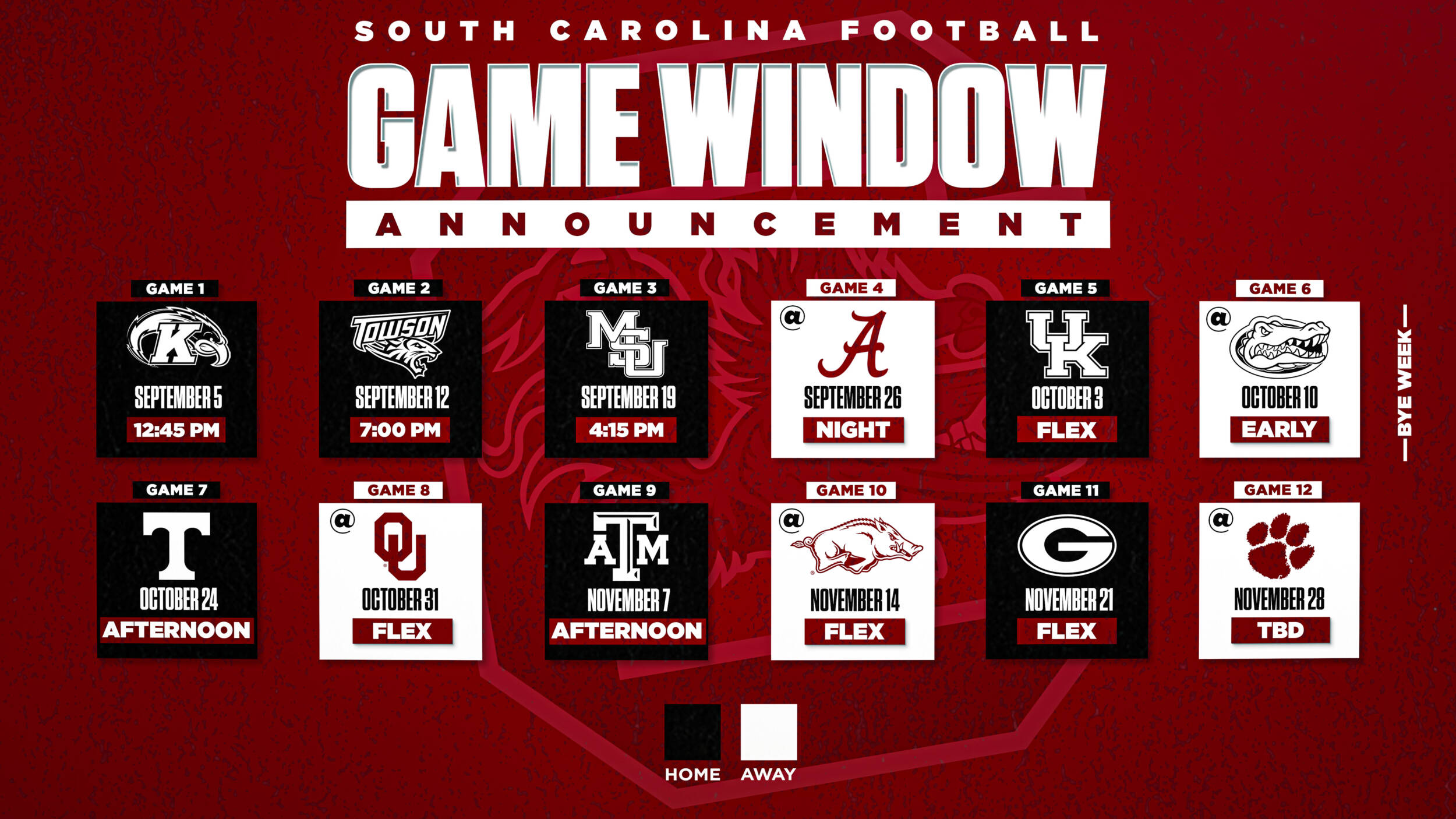 South Carolina 2026 Football Game Time Windows Set
