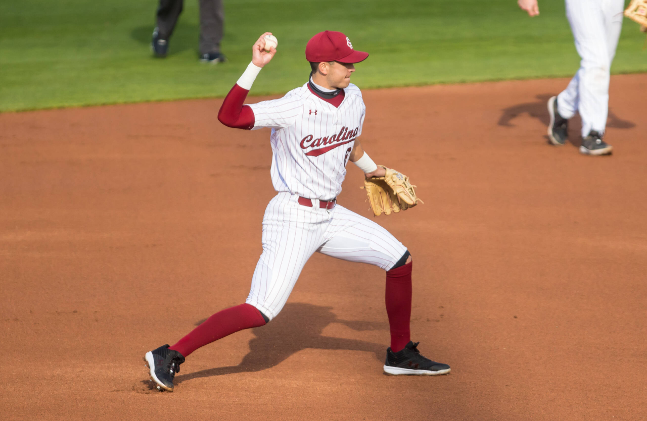 South Carolina Gamecocks infielder George Callil (6) throws out a baserunner.

South Carolina vs. Dayton Baseball, Feb. 19, 2021, Founders Park, Columbia, SC.

Photo by Jeff Blake
