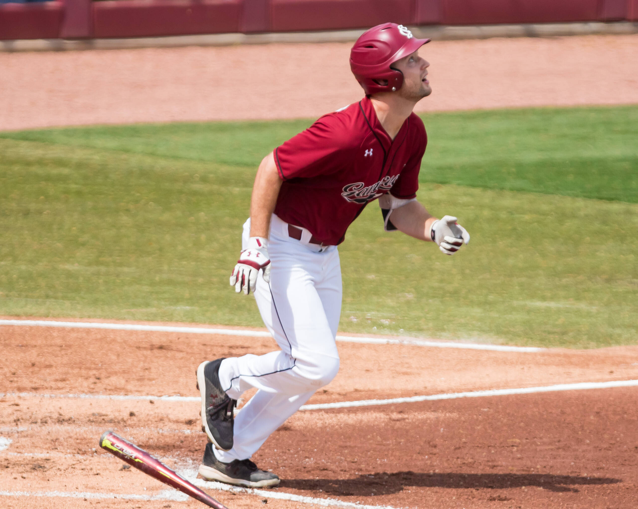 South Carolina Gamecocks outfielder Andrew Eyster (11) watches the ball leave the park on a back-to-back home run during the second inning against the Florida Gators.