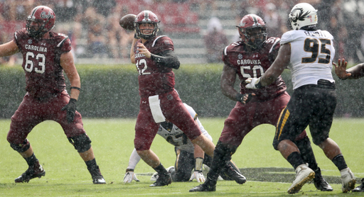 South Carolina's Michael Scarnecchia drops back to pass against Missouri during third-quarter action in Columbia, S.C. on Saturday, Oct. 6, 2018. (Travis Bell/SIDELINE CAROLINA)