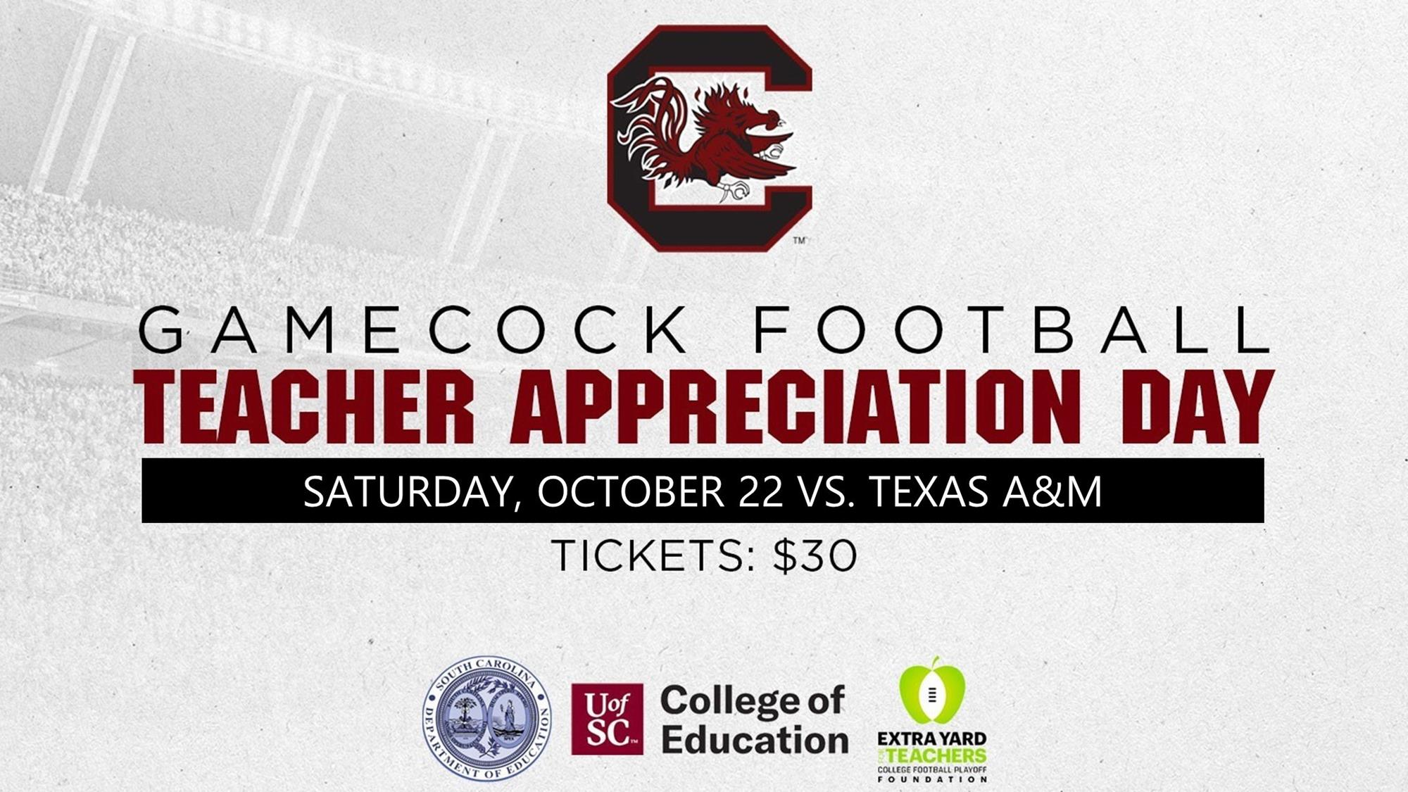 Tickets on Sale for 2022 Teacher Appreciation Day at Gamecock Football