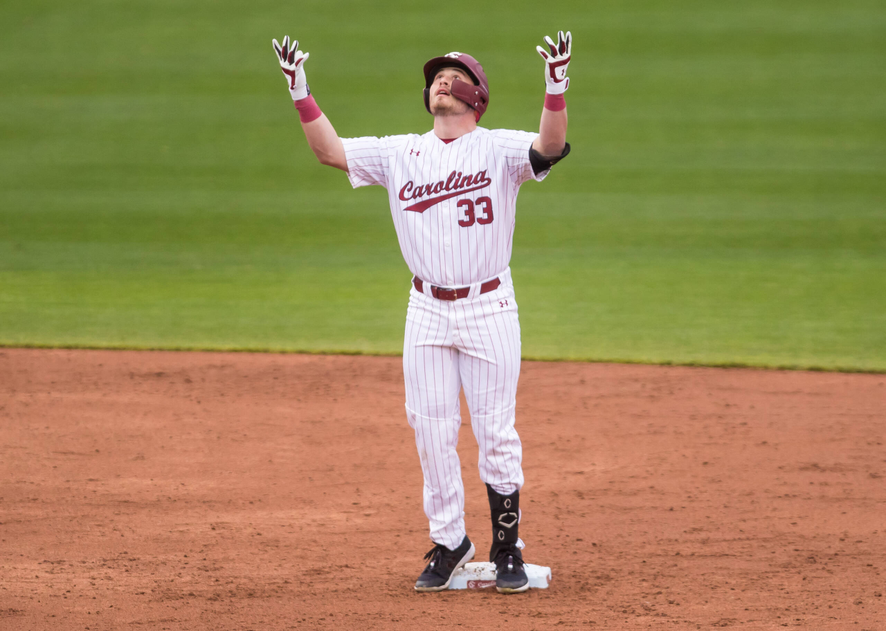 South Carolina Gamecocks outfielder Brady Allen (33) celebrates a double during the fourth inning.

South Carolina vs. Dayton Baseball, Feb. 19, 2021, Founders Park, Columbia, SC.

Photo by Jeff Blake