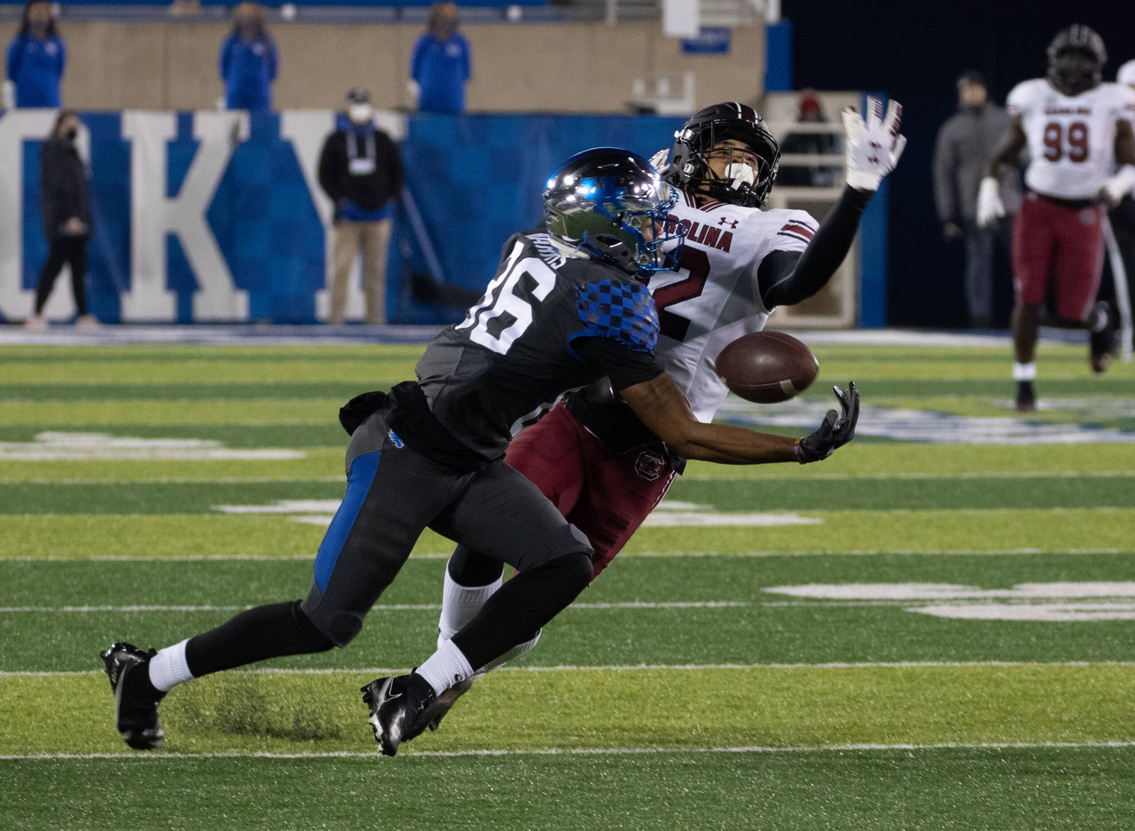 Kentucky Wildcats wide receiver DeMarcus Harris (86) tried to pull in a Terry Wilson pass but South Carolina Gamecocks defensive back Joey Hunter (12)  broke the play up  as Kentucky played South Carolina  on December 5, 2020.  Photo by Mark Cornelison 