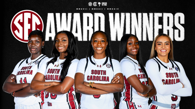 Graphic showing SEC award winners Madina Okot, Ta'Niya Latson, Joyce Edwards, Raven Johnson, Tessa Johnson