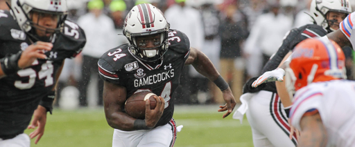 South Carolina running back Mon Denson (34) is seen during first-quarter action against Florida as offensive lineman Jovaughn Gwyn (54) looks to block in Columbia, S.C. on Saturday, Oct. 19, 2019. (Travis Bell/SIDELINE CAROLINA)