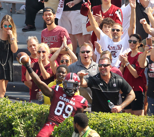 South Carolina's Bryan Edwards celebrates after making a touchdown catch against Missouri during first-quarter action in Columbia, S.C. on Saturday, Oct. 6, 2018. (Travis Bell/SIDELINE CAROLINA)